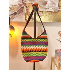 Handmade Crochet Rainbow Boho Hobo Bag Geometric Striped Zipped Shoulder Bag